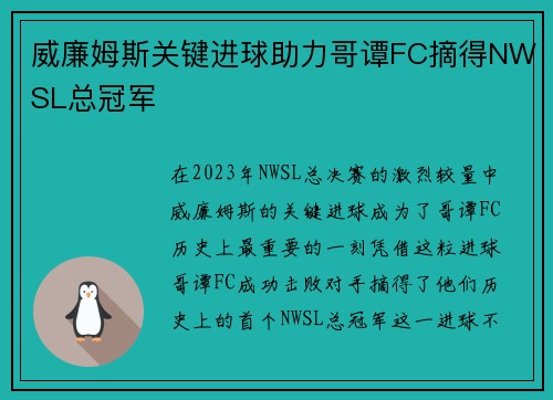 威廉姆斯关键进球助力哥谭FC摘得NWSL总冠军 威廉姆斯关键进球助力哥谭FC摘得NWSL总冠军